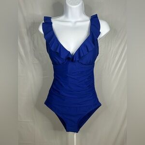 DKNY Blue Ruffle One Piece Swimsuit Ruched Tummy Control Size Small NWT